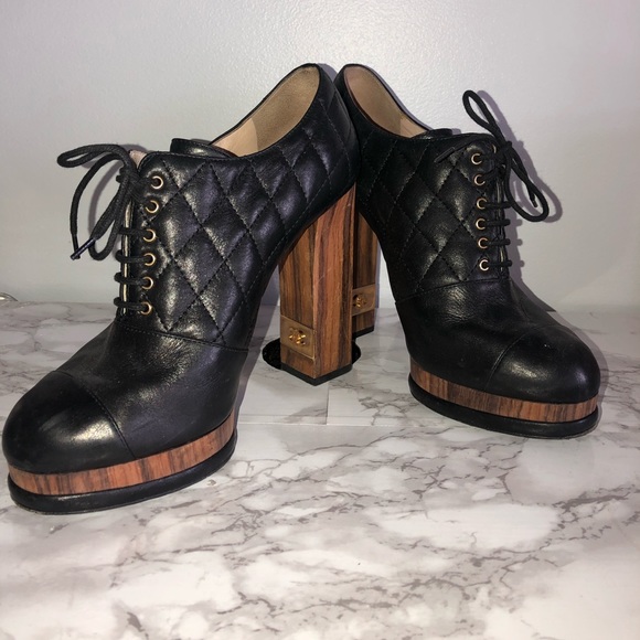 CHANEL Shoes Chanel Quilted Leather Black Booties Wblock Heel